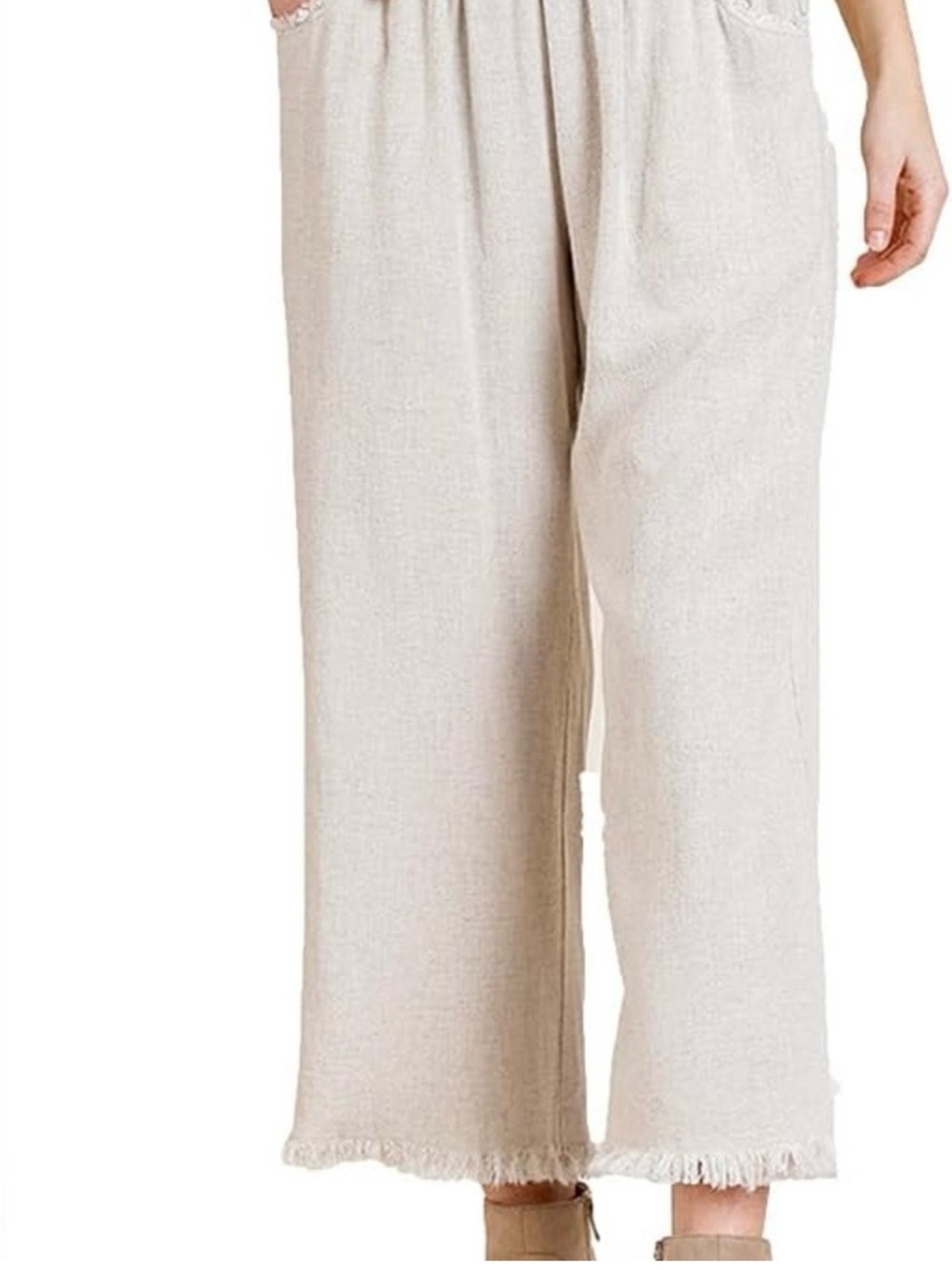 Umgee Light Beige Wide-Leg Fringe Hem Pants